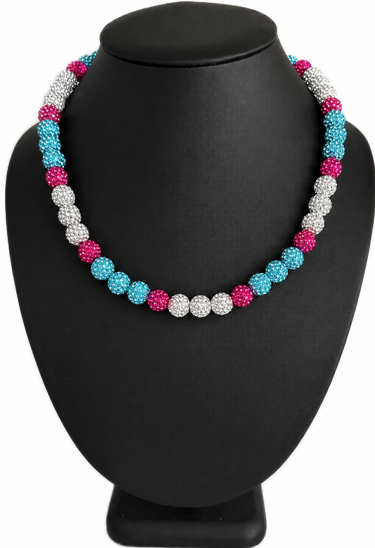 Iced Bling Disco Ball Rhinestone Bead Baseball Drip Necklace Blue White Hot Pink