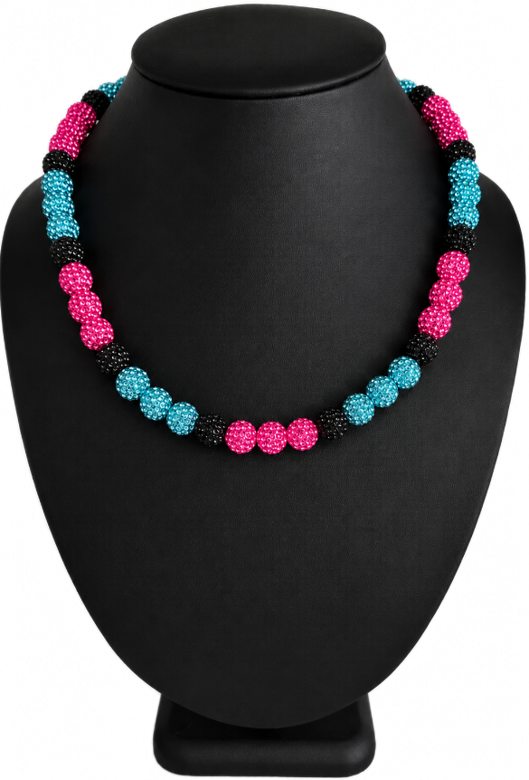 Iced Bling Disco Ball Rhinestone Bead Baseball Drip Necklace Pink Blue Black