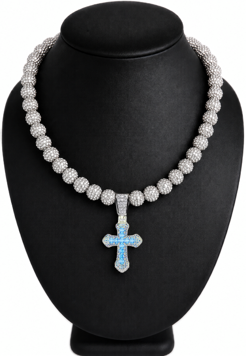 Iced Bling Disco Ball Rhinestone Bead Baseball Drip Necklace Silver Snow Blue Cross