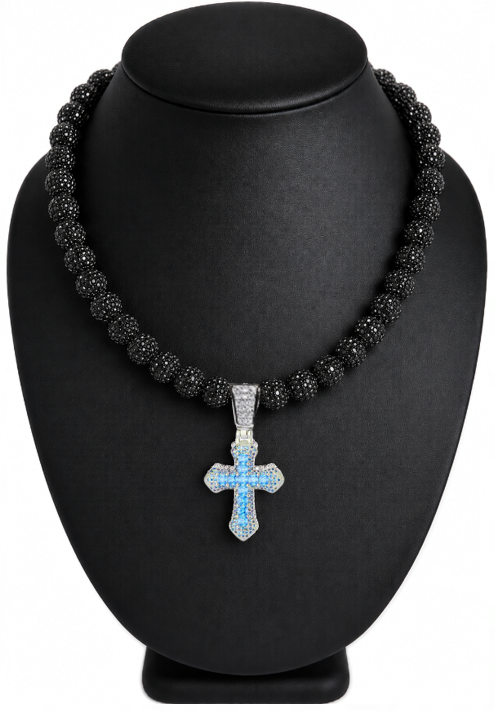 Iced Bling Disco Ball Rhinestone Bead Baseball Drip Necklace Black Ice Blue Cross