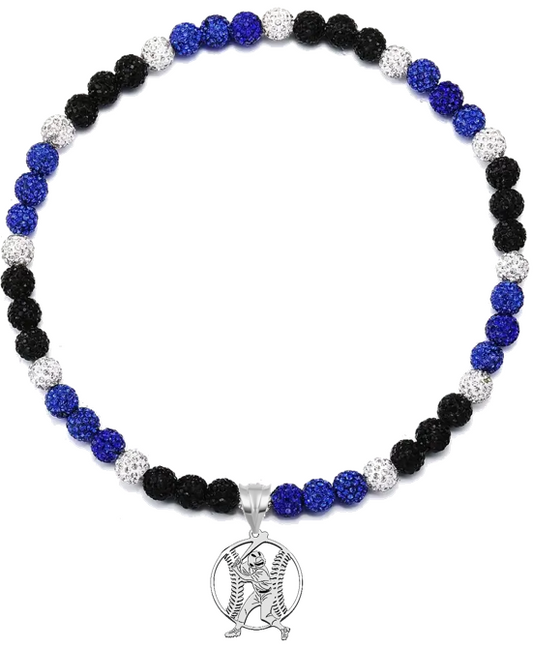 Rhinestone Disco Ball Bead Baseball Necklace + Stainless Steel Baseball Pendant, Royal Blue Black
