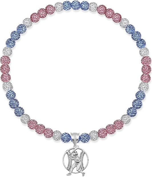 Rhinestone Disco Ball Bead Baseball Necklace + Stainless Steel Baseball Pendant, Pink Blue