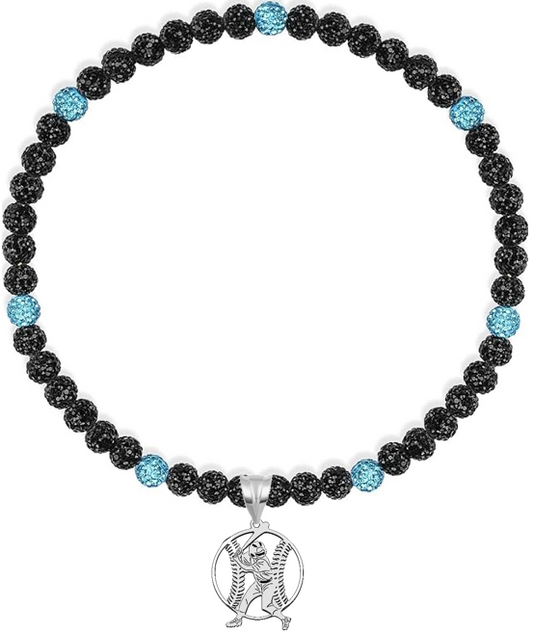 Rhinestone Disco Ball Bead Baseball Necklace + Stainless Steel Baseball Pendant, Black Teal