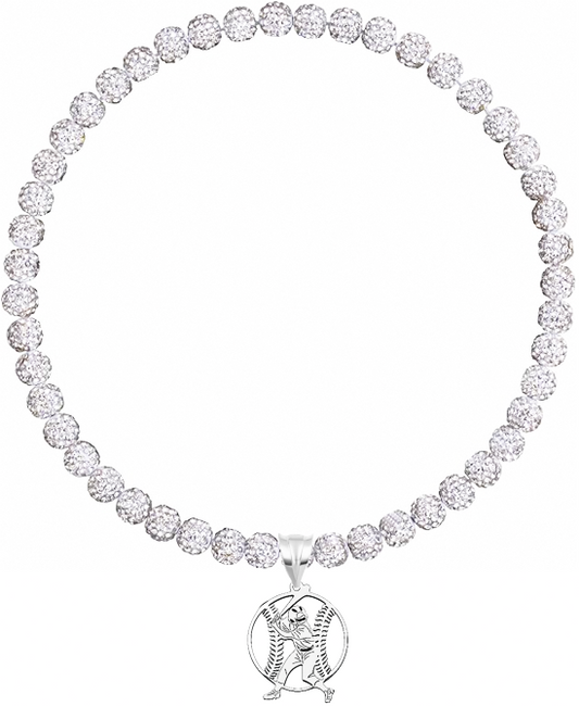 Rhinestone Disco Ball Bead Baseball Necklace + Stainless Steel Baseball Pendant, White Silver