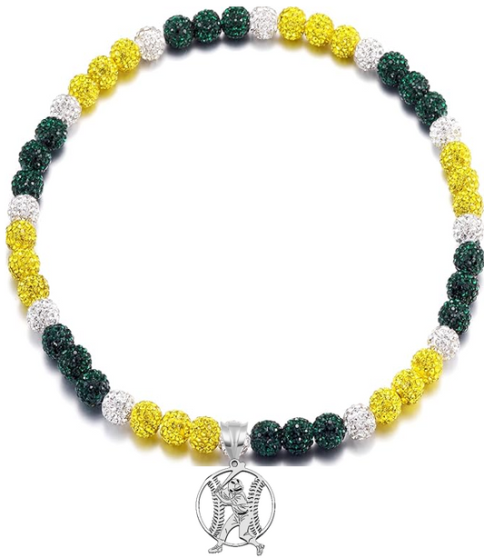 Rhinestone Disco Ball Bead Baseball Necklace + Stainless Steel Baseball Pendant, Green Yellow