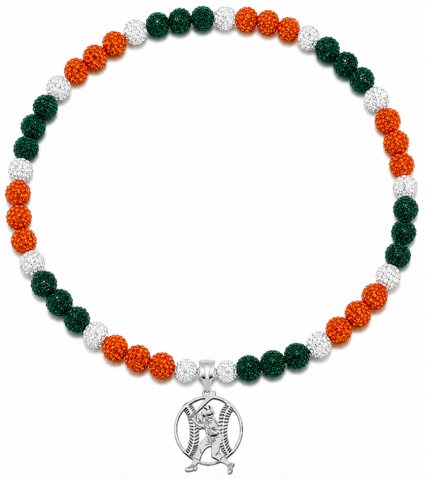 Rhinestone Disco Ball Bead Baseball Necklace + Stainless Steel Baseball Pendant, Orange Green Hurricanes