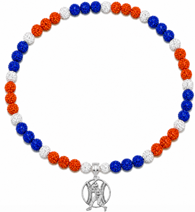 Rhinestone Disco Ball Bead Baseball Necklace + Stainless Steel Baseball Pendant, Orange Blue Mets Gators