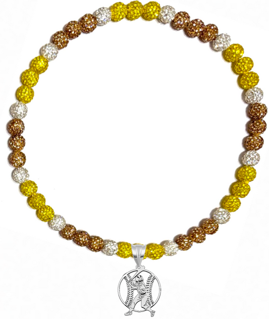 Rhinestone Disco Ball Bead Baseball Necklace + Stainless Steel Baseball Pendant, Brown Gold Yellow Padres