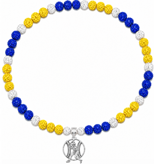 Rhinestone Disco Ball Bead Baseball Necklace + Stainless Steel Baseball Pendant, Royal Blue Yellow