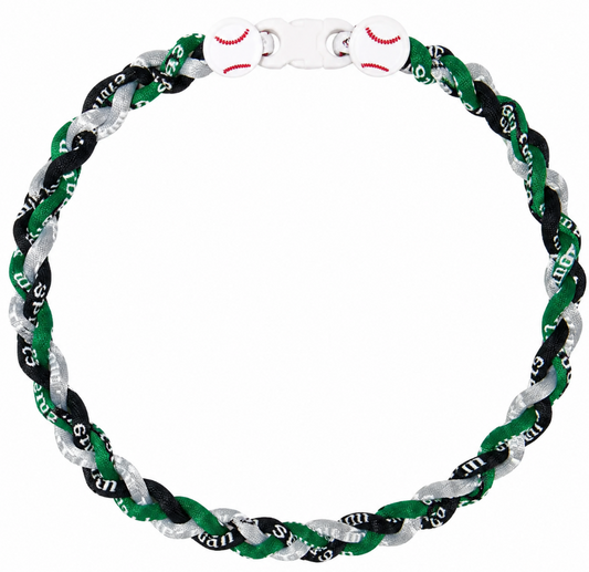 Baseball 3 Rope Braid Tornado Energy Necklace Green Grey Black White Stitch Clasp