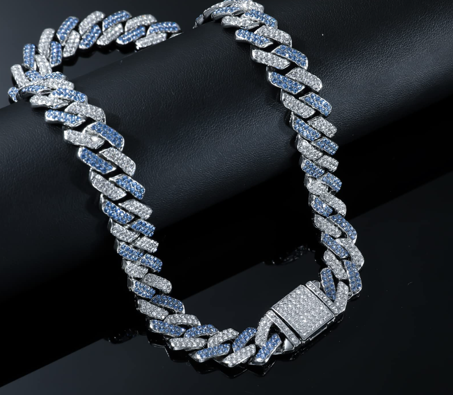 Hip Hop Miami Vice Blue Iced Bling CZ Silver Plated Cuban Link Baseball Chain Necklace 20"