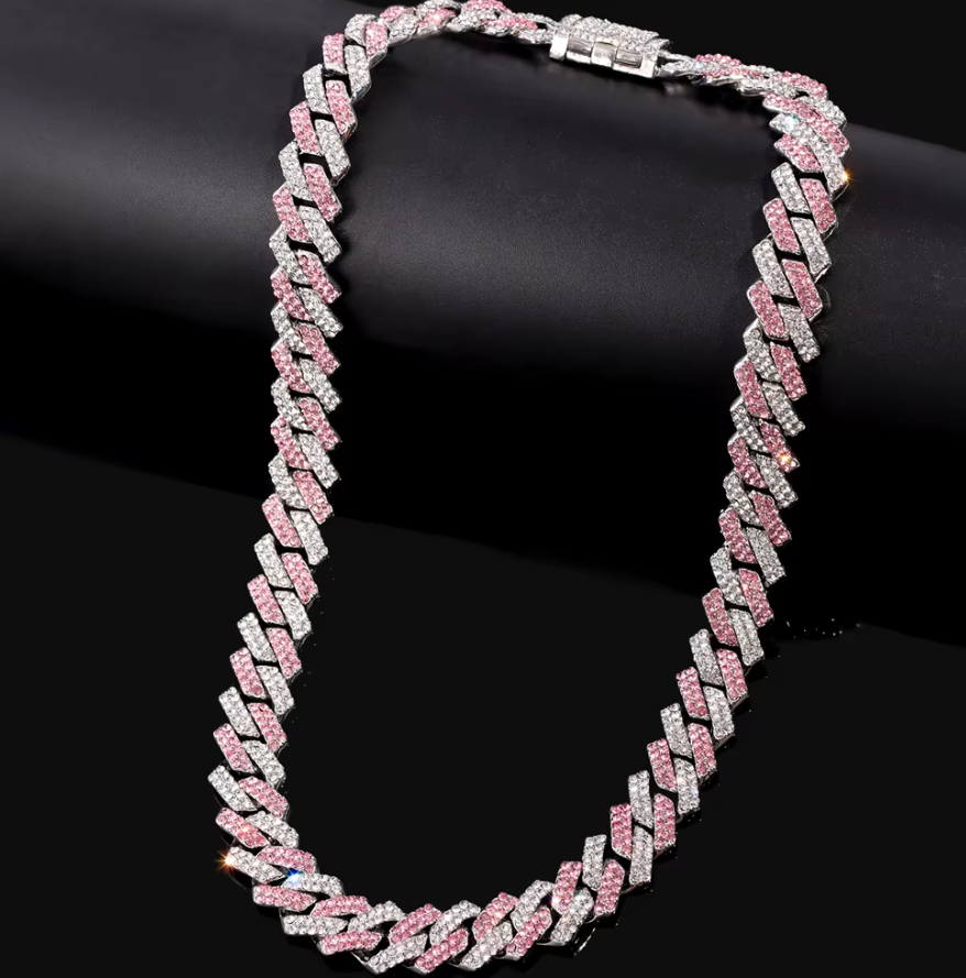 Hip Hop Miami Vice Pink Iced Bling CZ Silver Plated Cuban Link Baseball Chain Necklace 20"