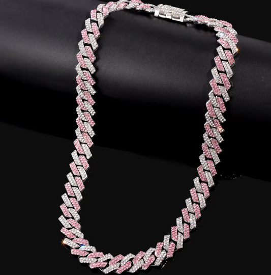 Hip Hop Miami Vice Pink Iced Bling CZ Silver Plated Cuban Link Baseball Chain Necklace 20"