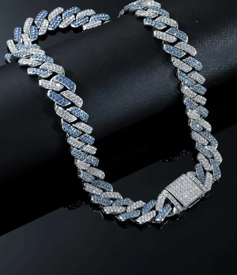 Hip Hop Miami Vice Blue Iced Bling CZ Silver Plated Cuban Link Baseball Chain Necklace 20"