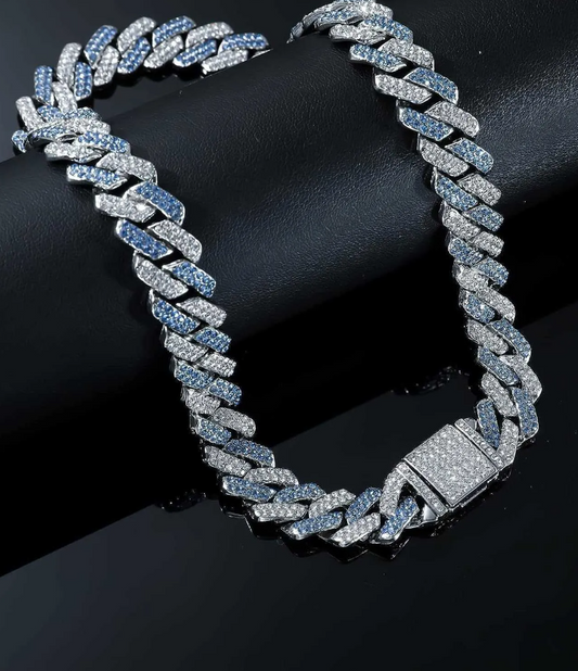 Hip Hop Miami Vice Blue Iced Bling CZ Silver Plated Cuban Link Baseball Chain Necklace 20"