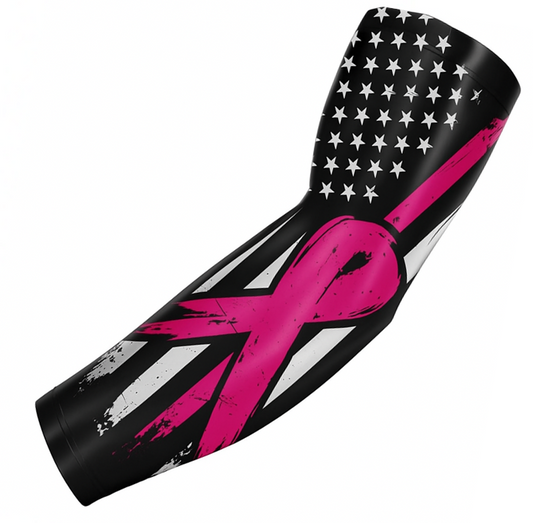 Sports Compression Arm Sleeve Pink Ribbon Cancer Awareness Flag