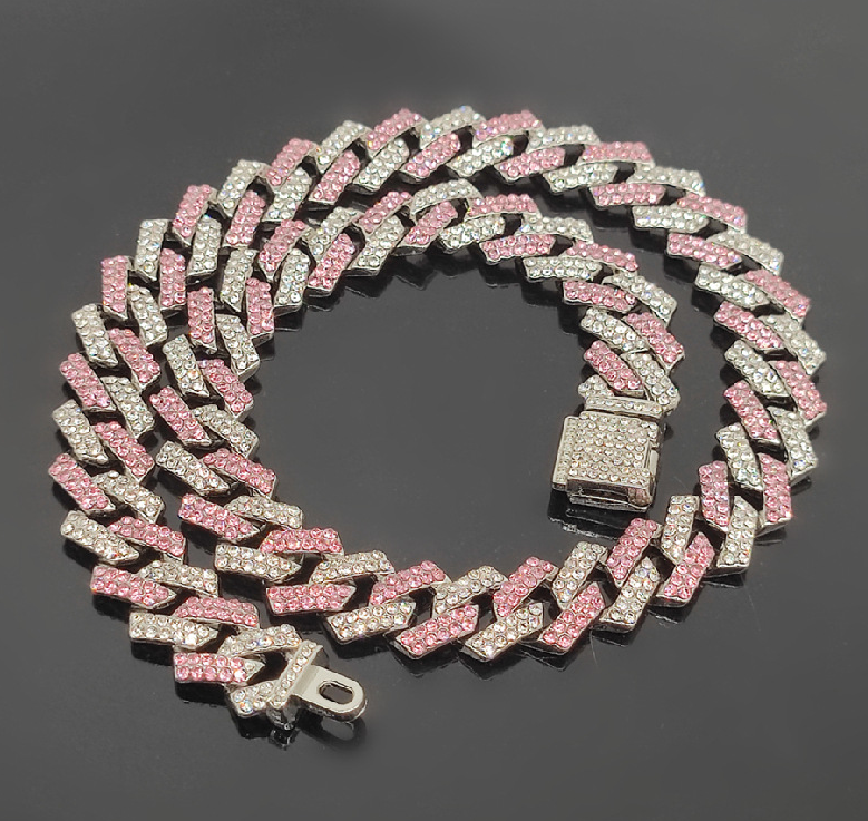 Hip Hop Miami Vice Pink Iced Bling CZ 14K Gold Plated Cuban Link Baseball Chain Necklace 20"