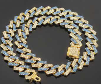 Hip Hop Miami Vice Blue Iced Bling CZ 14K Gold Plated Cuban Link Baseball Chain Necklace 20"
