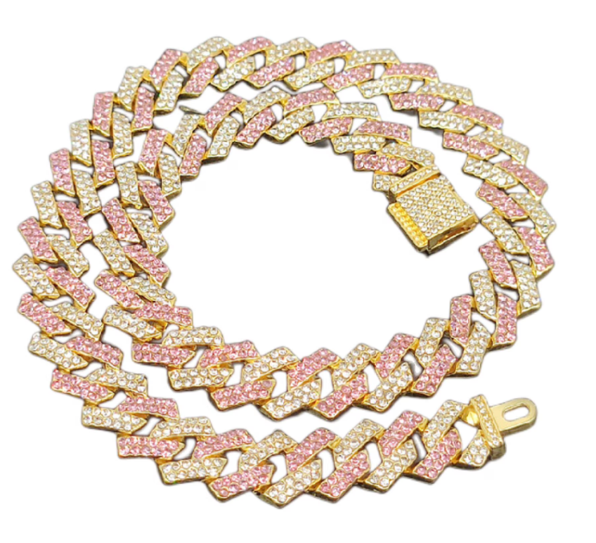 Hip Hop Miami Vice Pink Iced Bling CZ 14K Gold Plated Cuban Link Baseball Chain Necklace 20"
