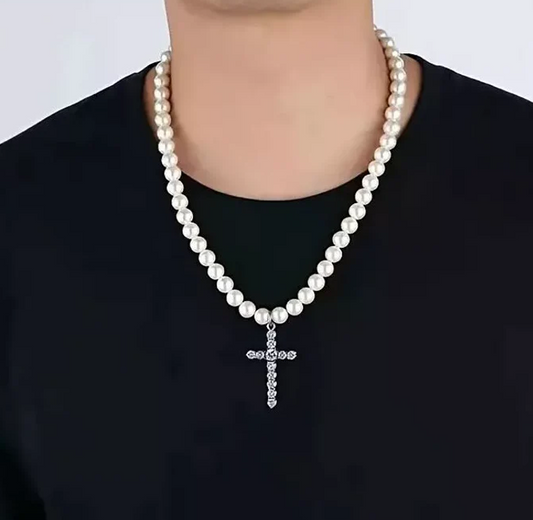 Iced Cross Pendant Pearl Chain Necklace
