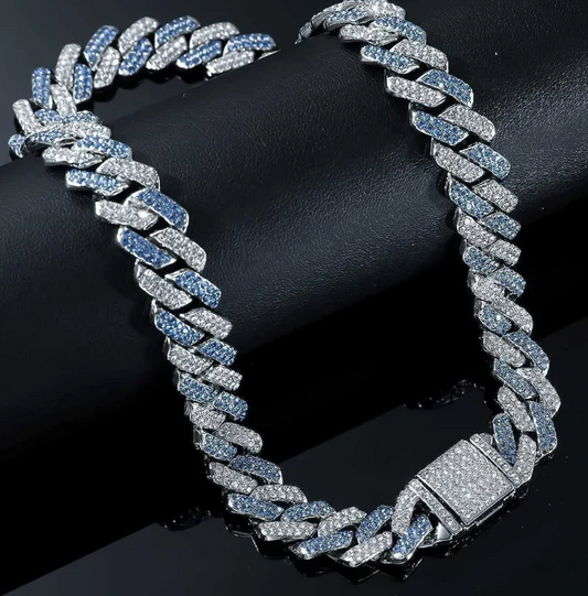 Hip Hop Miami Vice Blue Iced Bling CZ Silver Plated Cuban Link Baseball Chain Necklace 20"