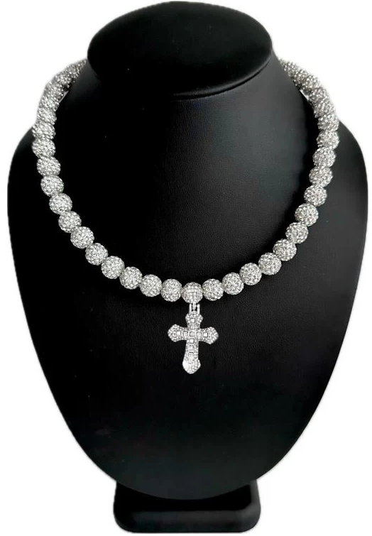 Iced Disco Ball Crystal Bead Baseball Drip Necklace w/ Iced Bling Silver Cross Pendant