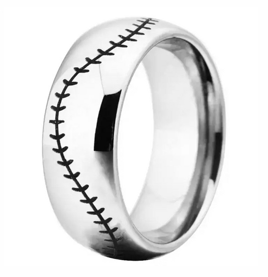 Tungsten Carbide Brushed Steel Baseball Player Stitch 8mm Domed Ring Band