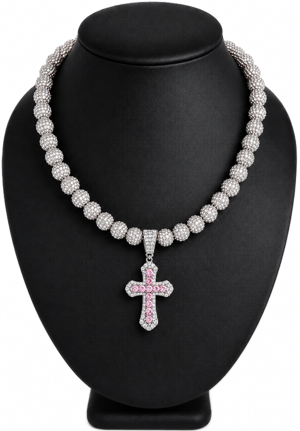Iced Bling Disco Ball Rhinestone Bead Baseball Drip Necklace Silver Snow Pink Cross