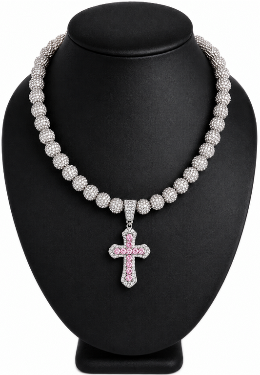 Iced Bling Disco Ball Rhinestone Bead Baseball Drip Necklace Silver Snow Pink Cross