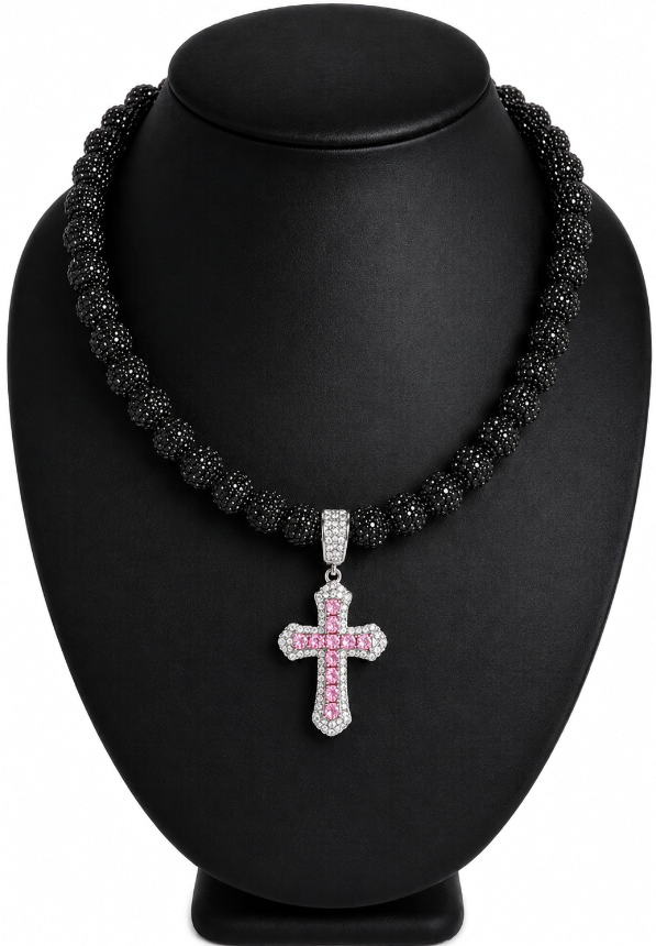 Iced Bling Disco Ball Rhinestone Bead Baseball Drip Necklace Black Ice Pink Cross