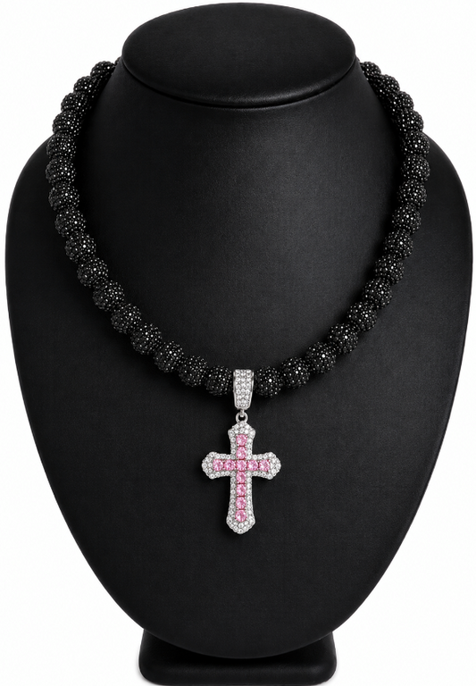 Iced Bling Disco Ball Rhinestone Bead Baseball Drip Necklace Black Ice Pink Cross