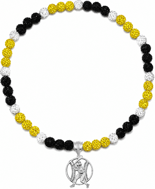 Rhinestone Disco Ball Bead Baseball Necklace + Stainless Steel Baseball Pendant, Yellow Black