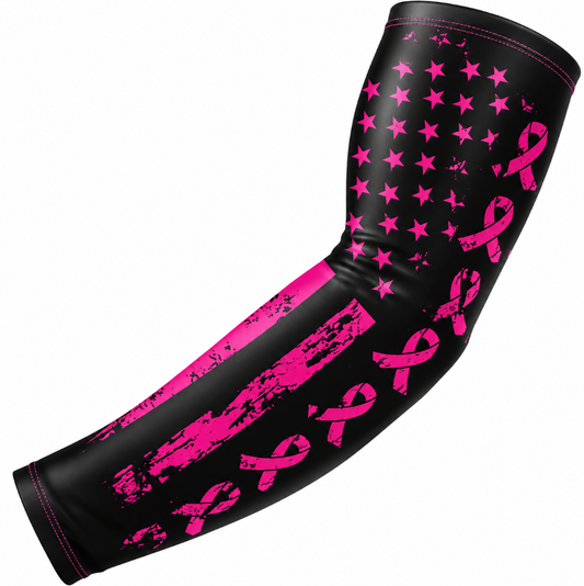 Sports Compression Arm Sleeve Pink Ribbon Cancer Awareness Black Flag