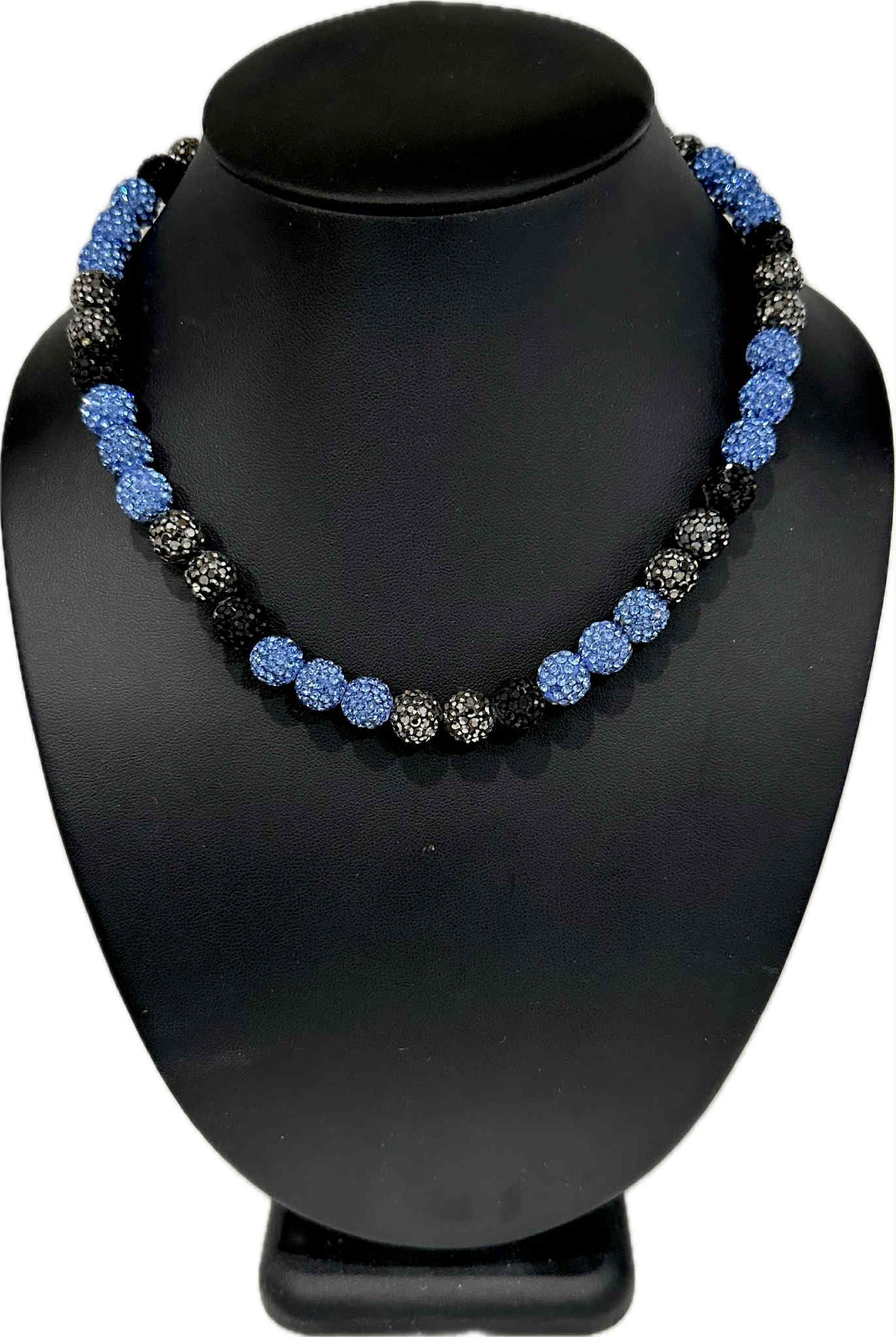 Iced Bling Disco Ball Rhinestone Crystal Bead Baseball Necklace Light Blue Black Silver
