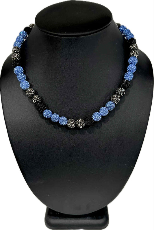 Iced Bling Disco Ball Rhinestone Crystal Bead Baseball Necklace Light Blue Black Silver