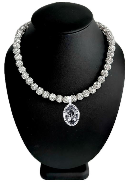 Iced Bling Disco Ball Rhinestone Pollyanna Beaded Baseball Drip Necklace + Silver Saint Michael "Protect Us" Pendant