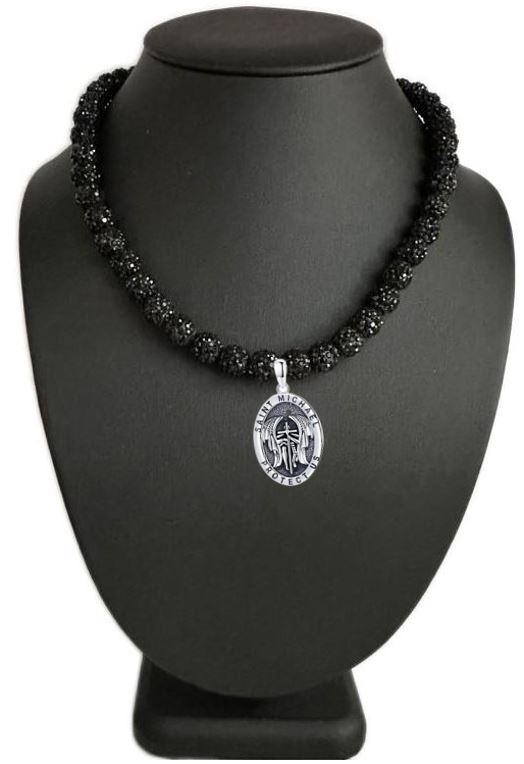 Iced Bling Disco Ball Rhinestone Pollyanna Beaded Baseball Drip Necklace (Black Out) + Silver Saint Michael "Protect Us" Pendant