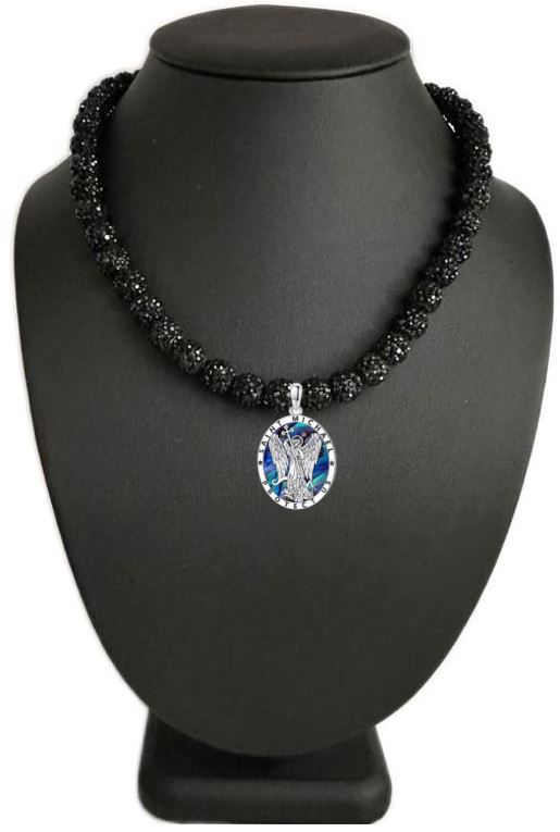 Iced Bling Disco Ball Rhinestone Pollyanna Beaded Baseball Drip Necklace (Black Out) + Silver Saint Michael "Protect Us" Pendant