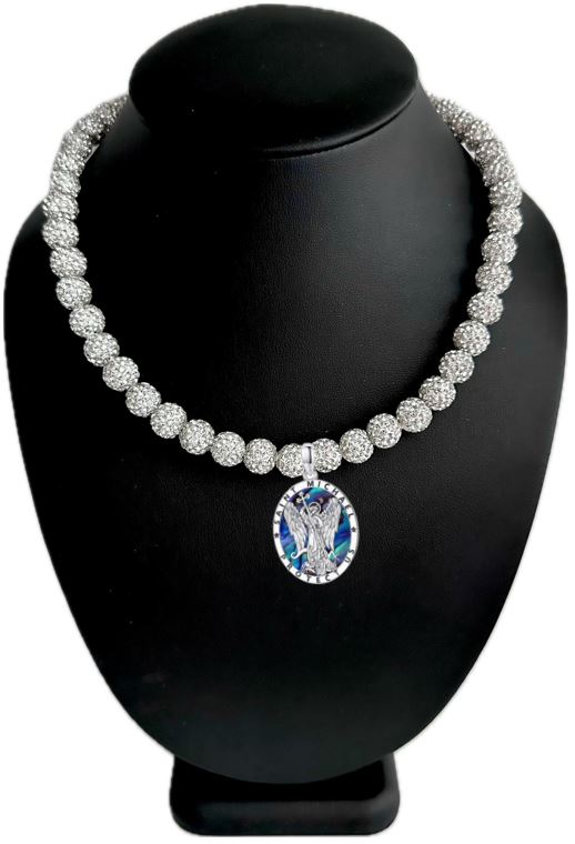 Iced Bling Disco Ball Rhinestone Pollyanna Beaded Baseball Drip Necklace + Silver Saint Michael "Protect Us" Pendant