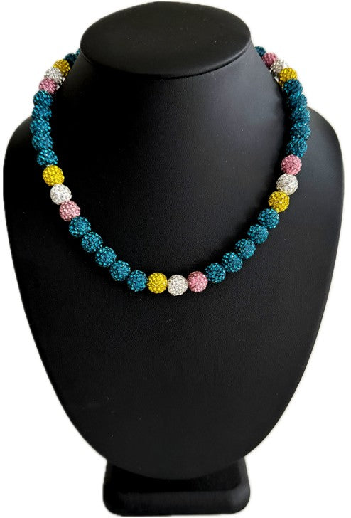 Iced Bling Disco Ball Rhinestone Bead Ball Drip Baseball Necklace Teal Pink Yellow