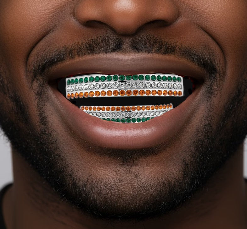 Team Color Silver Iced CZ Teeth Bling Grillz Orange Green