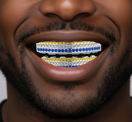 Team Color Silver Iced CZ Teeth Bling Grillz Royal Blue Yellow