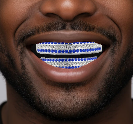 Team Color Silver Iced CZ Teeth Bling Grillz Blue
