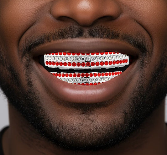 Team Color Silver Iced CZ Teeth Bling Grillz Red