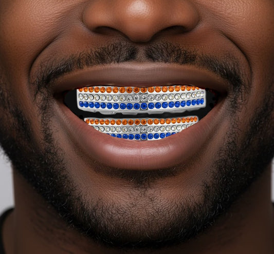 Team Color Silver Iced CZ Teeth Bling Grillz Orange Royal Blue