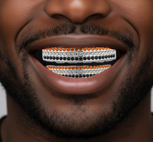 Team Color Silver Iced CZ Teeth Bling Grillz Orange Black