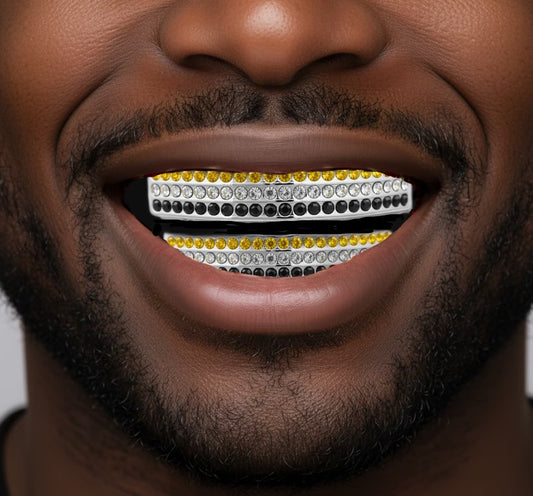 Team Color Silver Iced CZ Teeth Bling Grillz Yellow Black