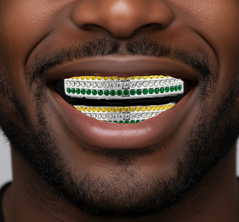 Team Color Silver Iced CZ Teeth Bling Grillz Green Yellow