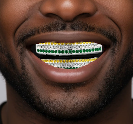 Team Color Silver Iced CZ Teeth Bling Grillz Green Yellow