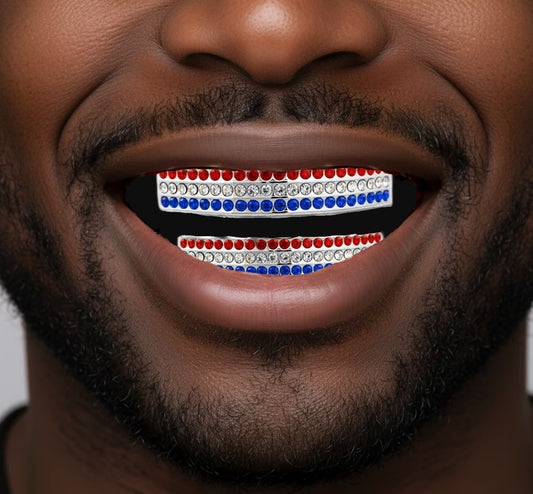 Team Color Silver Iced CZ Teeth Bling Grillz Red White Blue